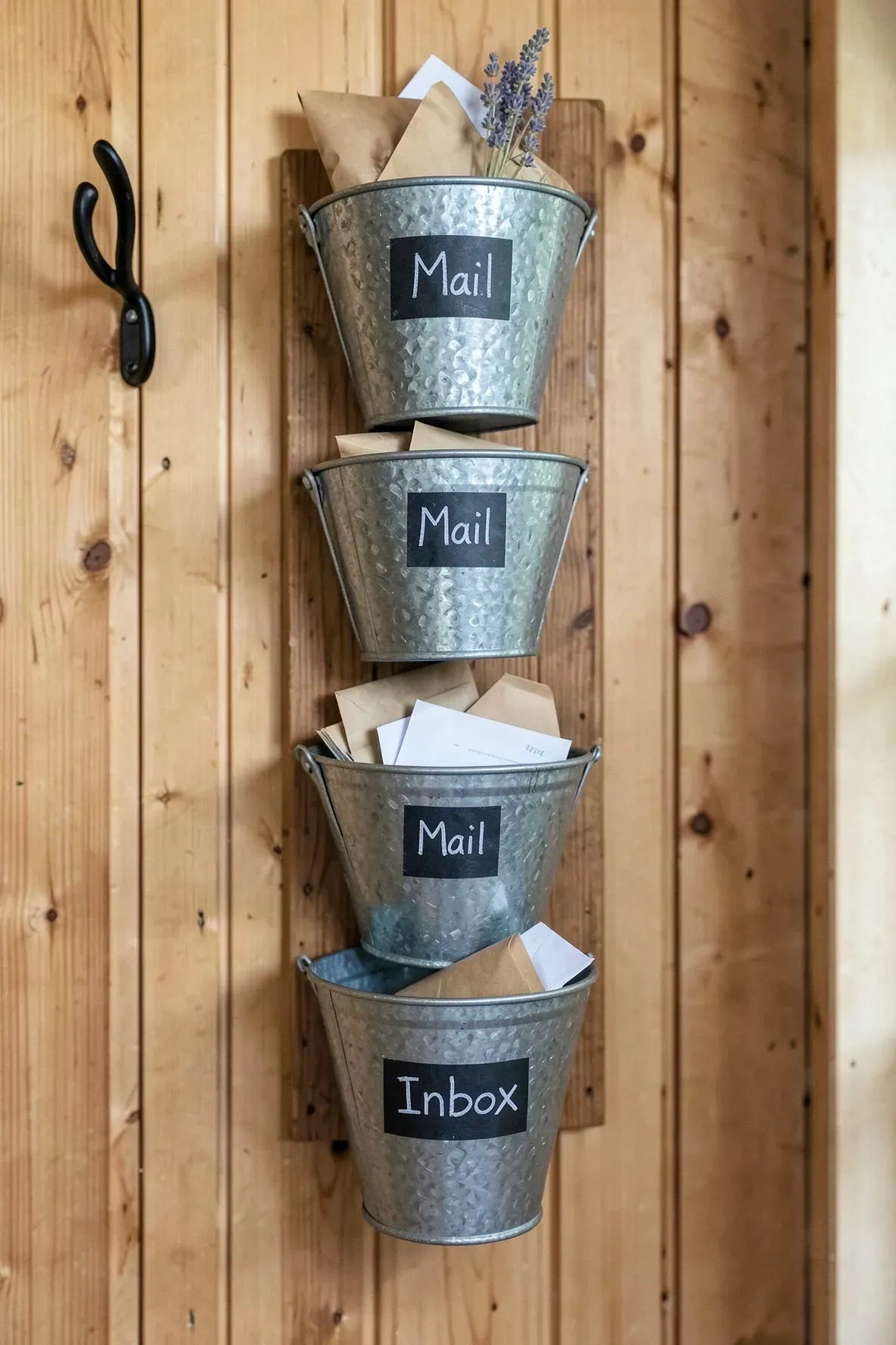 Three galvanized metal buckets with chalkboard labels mounted on a wooden hallway wall.