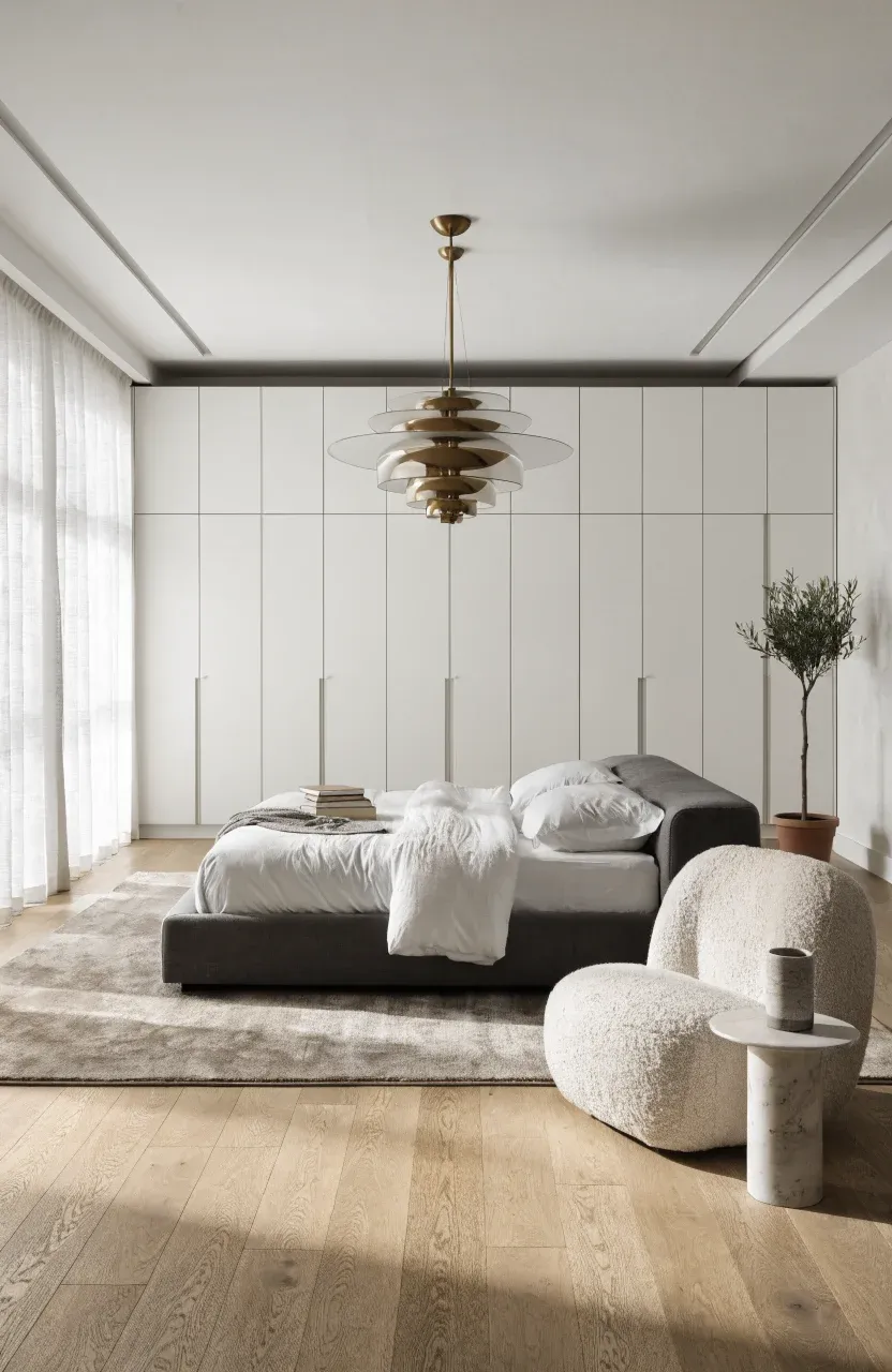 A full-height white built-in wardrobe spanning from floor to ceiling in a modern bedroom.