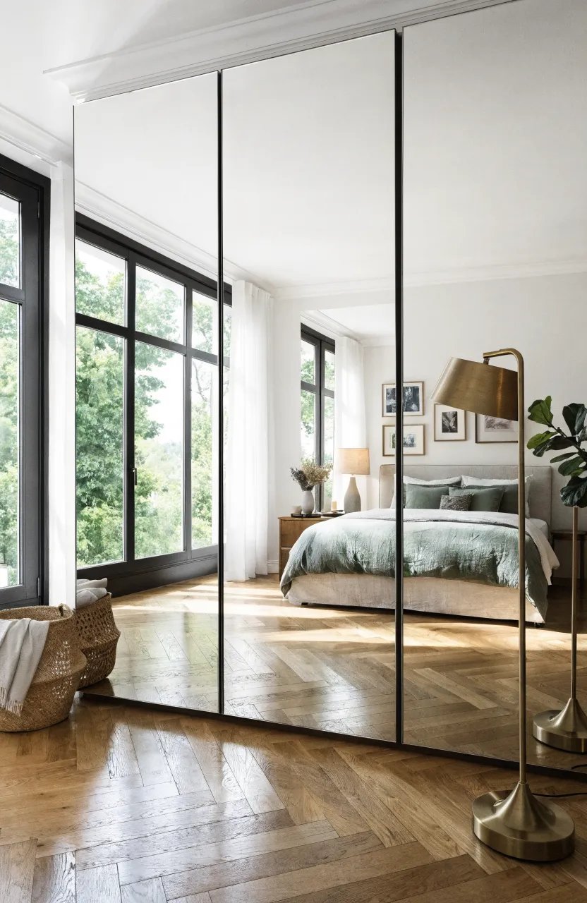 A bedroom wardrobe with large mirrored panels reflecting a bright, stylish room.