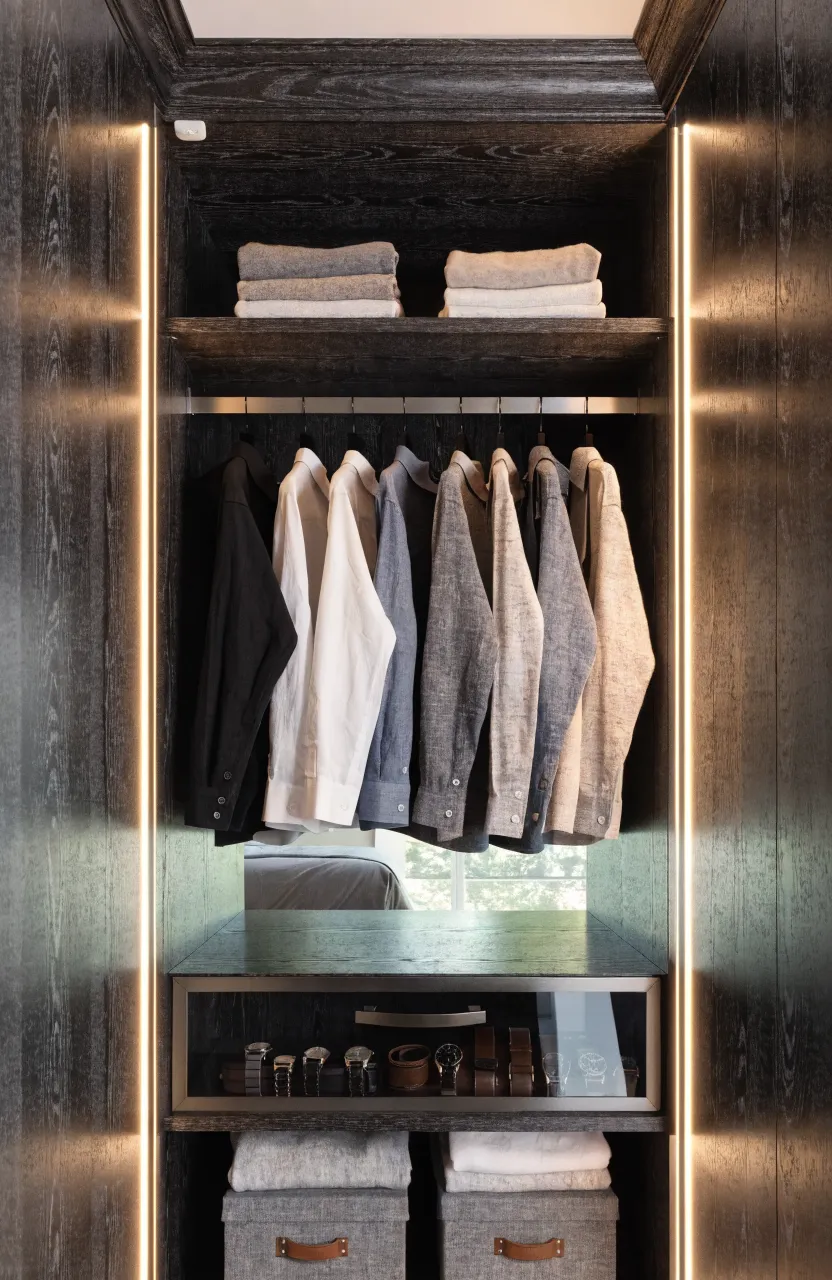 An open wardrobe interior with vertical LED strips illuminating neatly organized clothes.