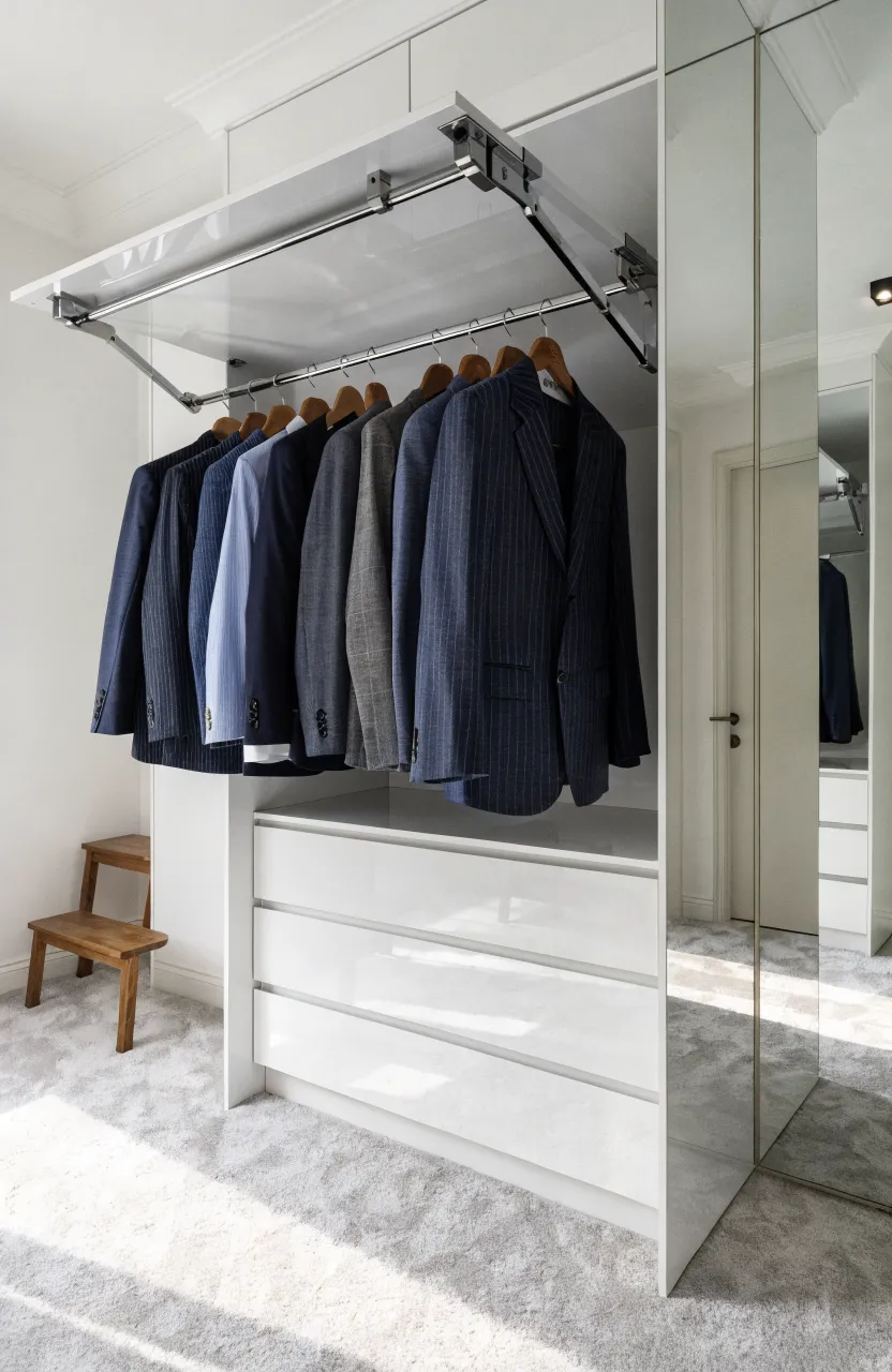 A tall white wardrobe with a chrome pull-down rail system lowered to show easy access to shirts.