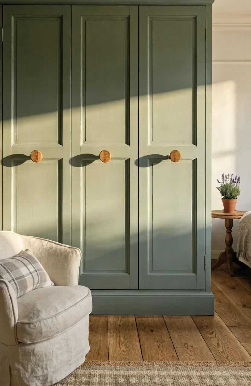 Sage green shaker-style wardrobe doors with natural oak timber knobs in a cozy bedroom.