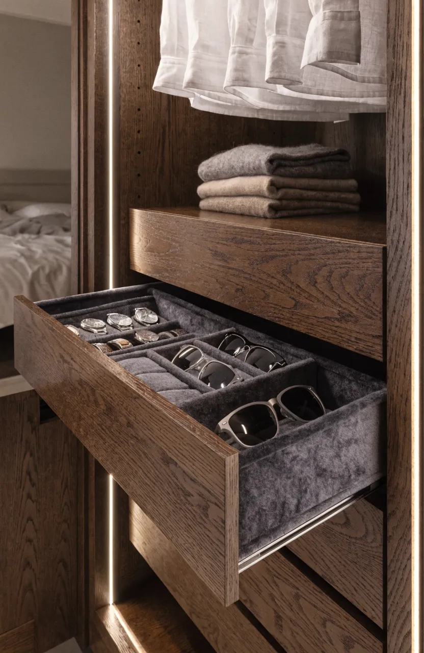 An open wardrobe drawer with velvet-lined compartments for organizing watches and sunglasses.
