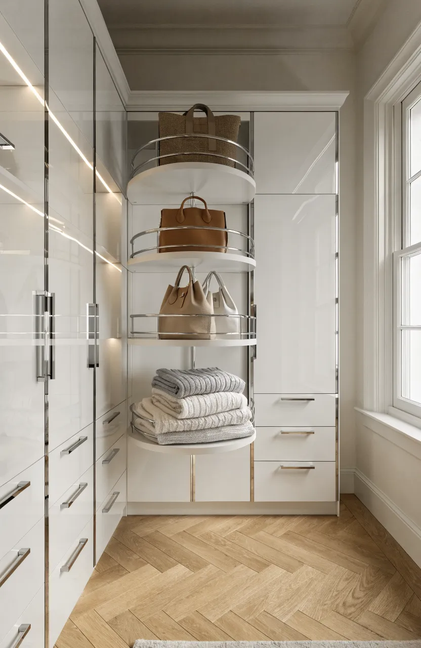 Open display cubbies in a built-in wardrobe showcasing colorful shoes and designer handbags.