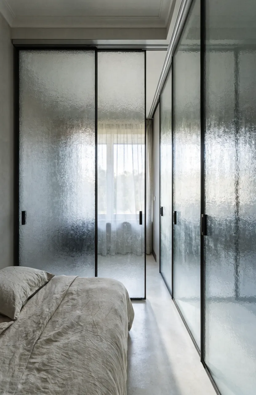 A built-in dressing table with a large mirror integrated into a wall of white bedroom cabinetry.