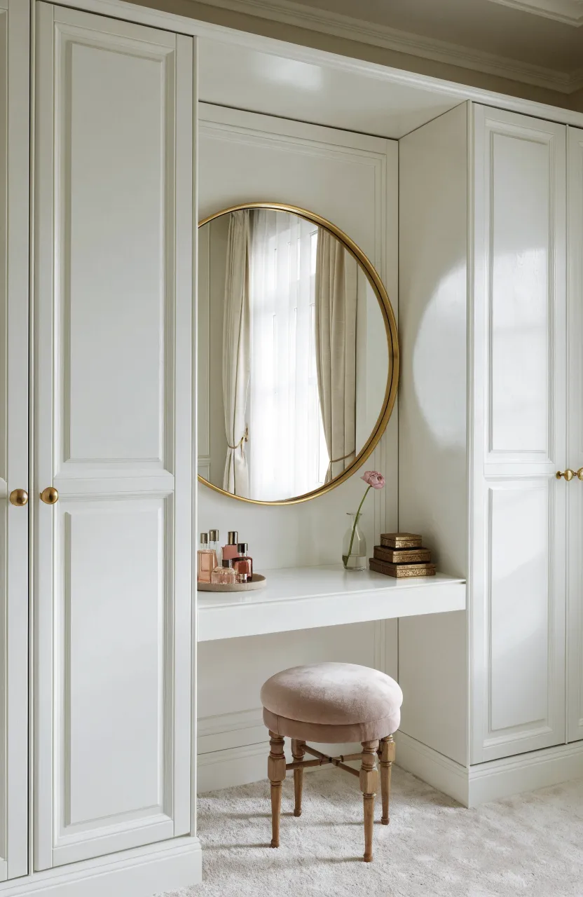 A walnut wardrobe drawer pulled open to reveal a charcoal velvet tray filled with gold jewelry.