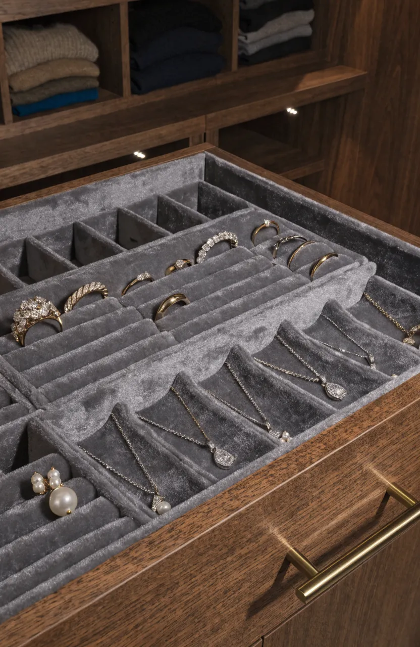 A built-in wardrobe with adjustable shelves holding winter boots and summer sandals.