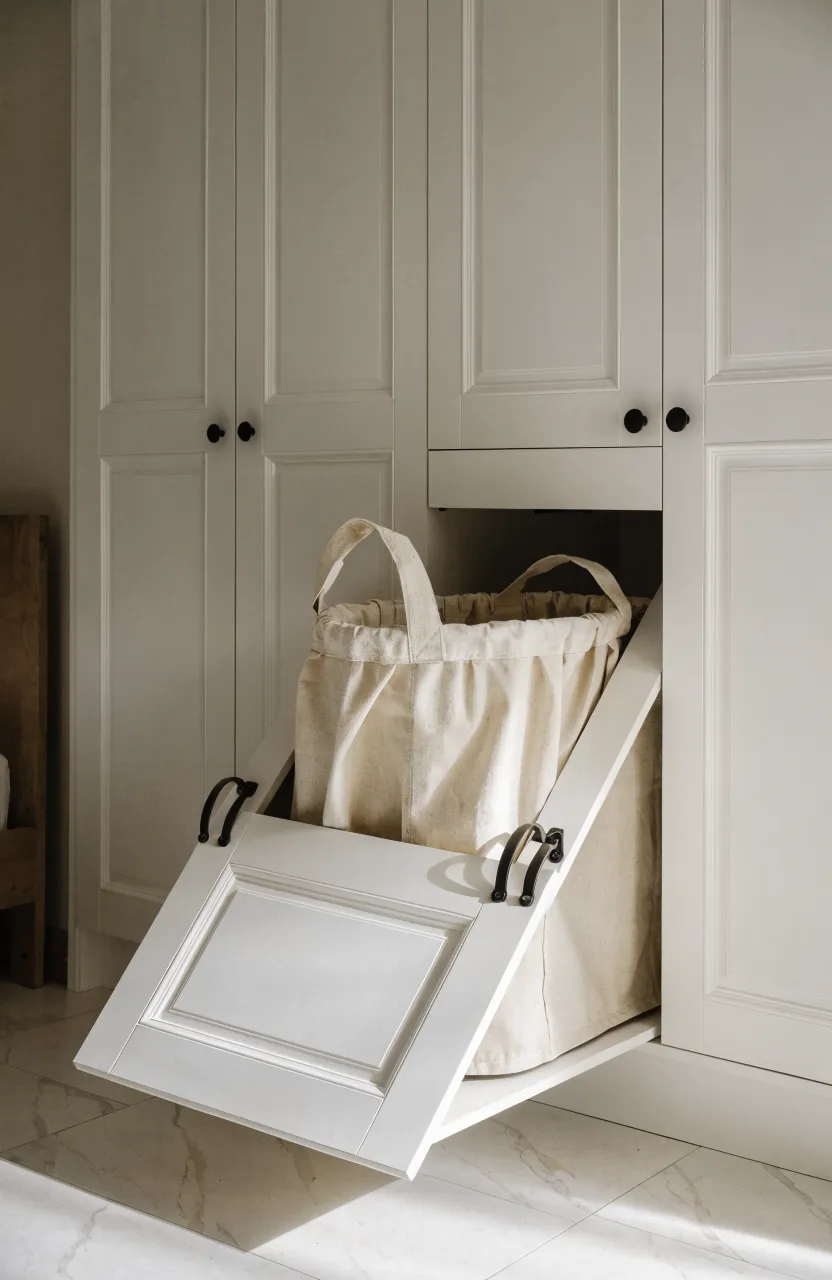 A rotating corner carousel unit inside a built-in wardrobe holding handbags and sweaters.