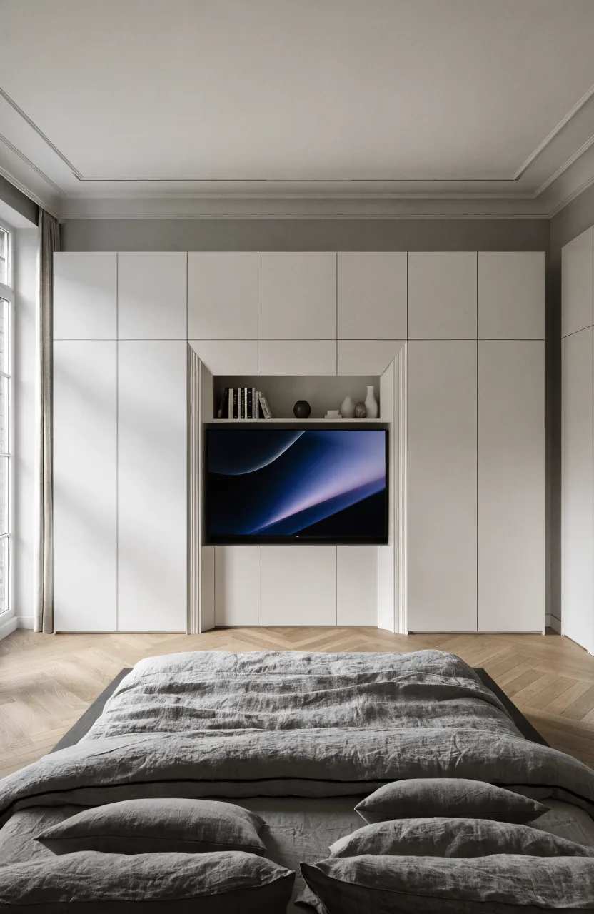 A modern white built-in wardrobe with a recessed TV panel and pocket doors in a bedroom.