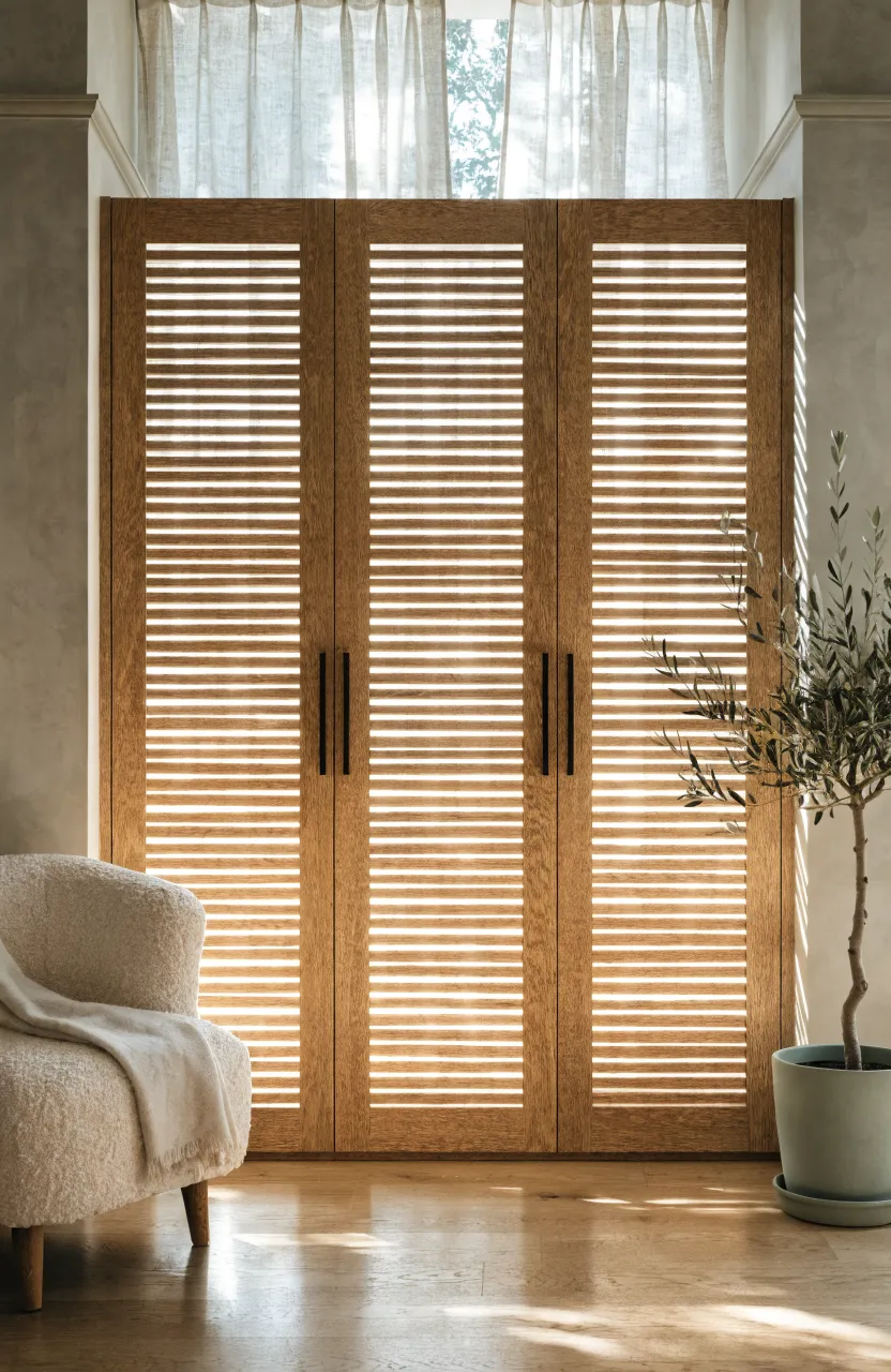 Wooden louvered wardrobe doors with horizontal slats in a bright, airy bedroom.
