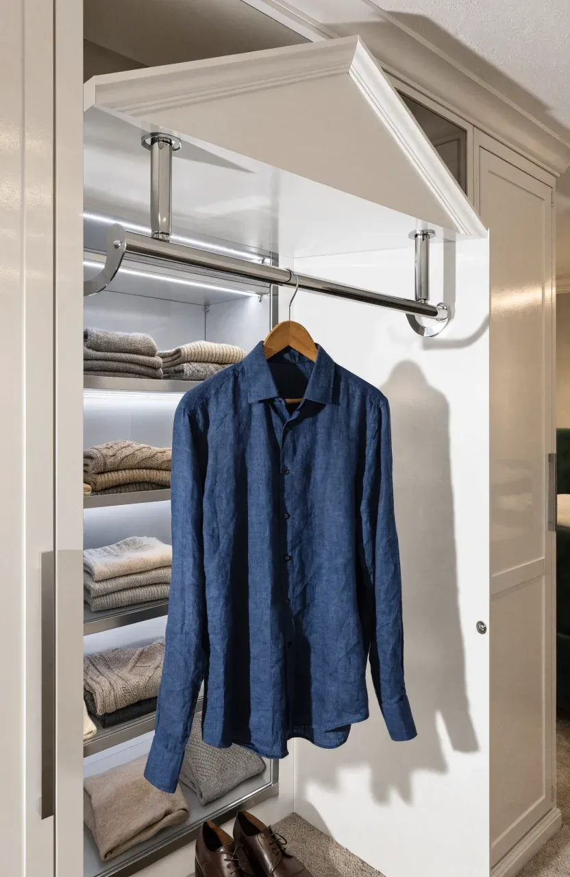 A chrome retractable valet rod extended from a white wardrobe holding a shirt on a hanger.