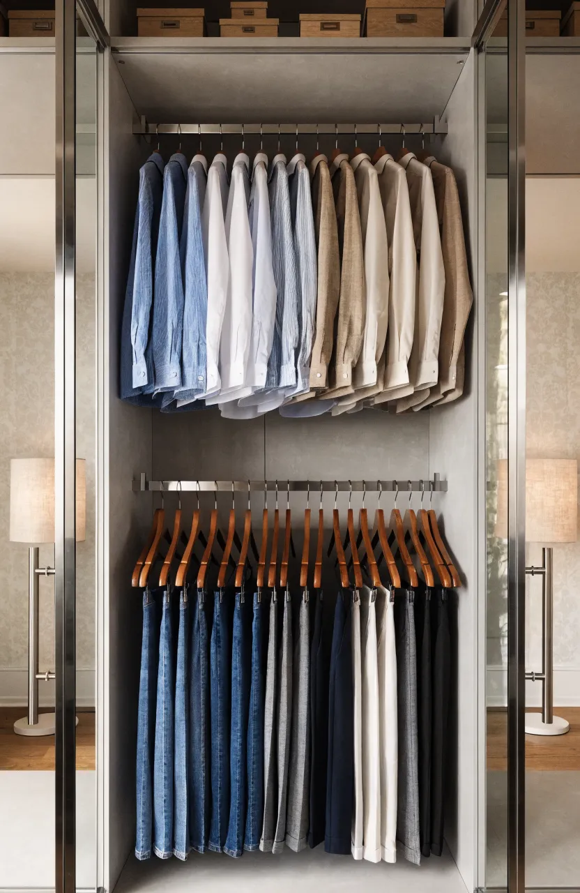 A built-in wardrobe featuring two levels of hanging rails for shirts and trousers.