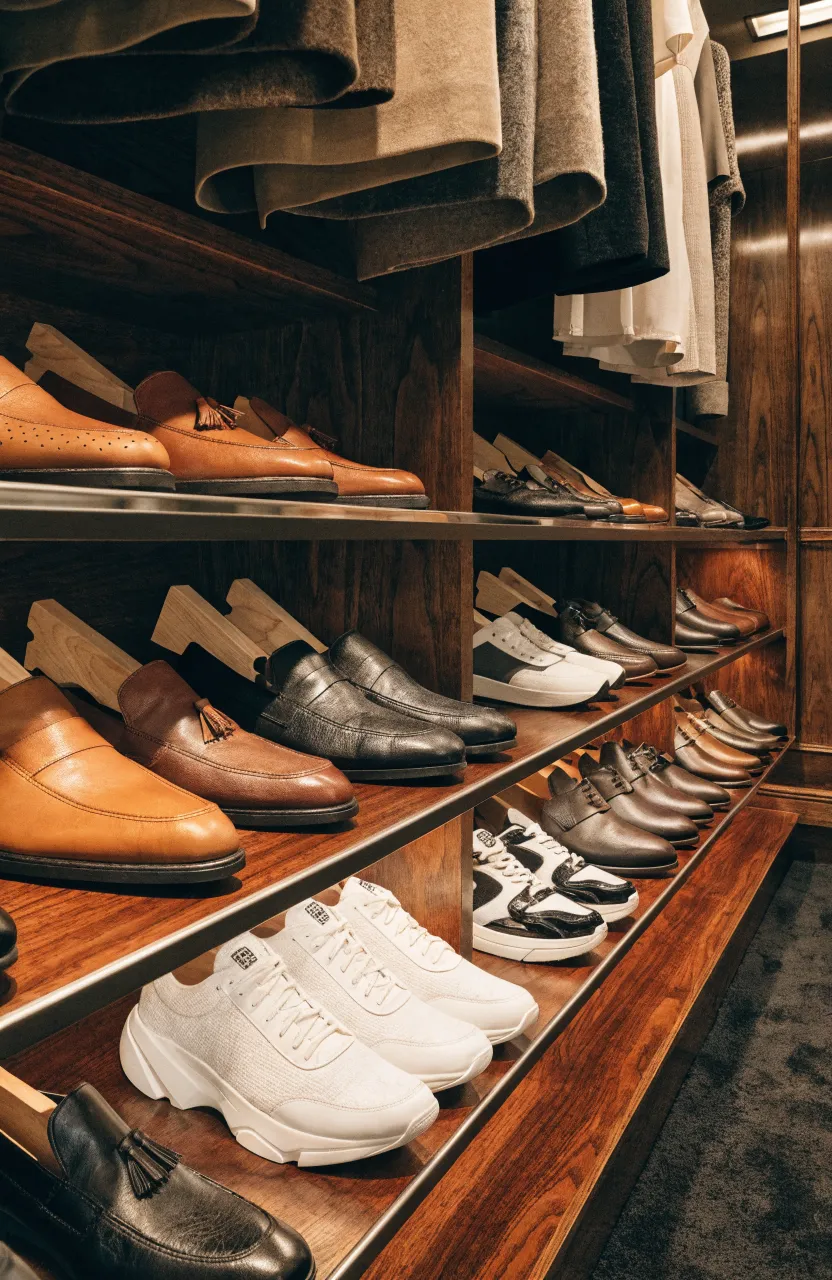 Slanted wooden shoe racks built into the bottom of a bedroom wardrobe with leather shoes.