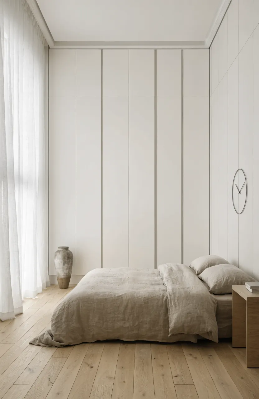 A minimalist bedroom with a seamless wall of white handleless push-to-open wardrobe doors.