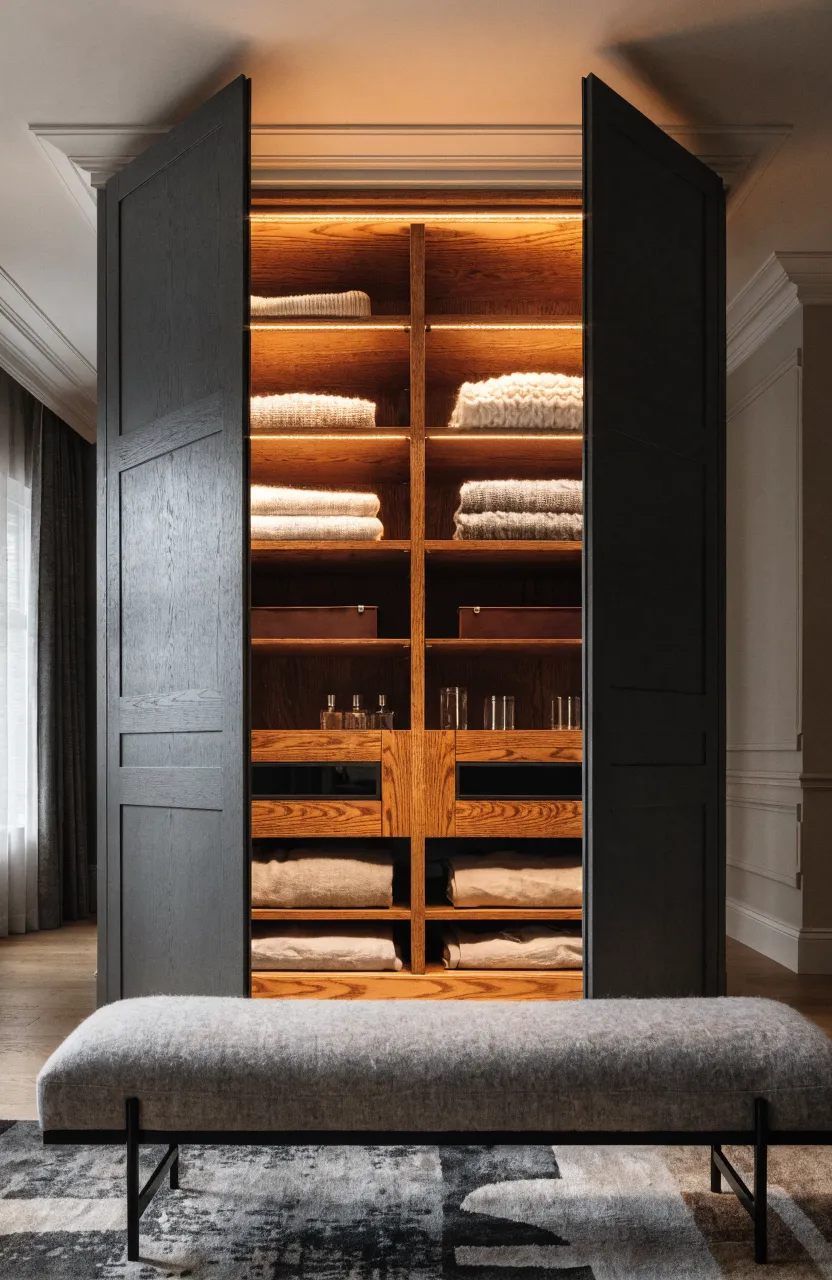 An open charcoal wardrobe revealing a warm, honey-colored oak wood grain interior with lighting.