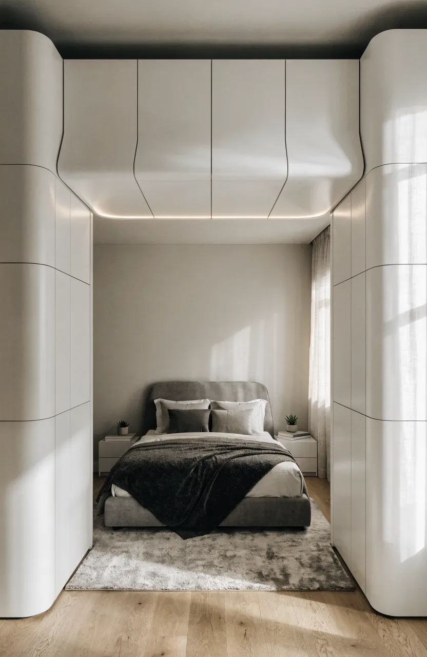 A modern bedroom with white built-in wardrobe cabinets bridging over a grey upholstered bed.
