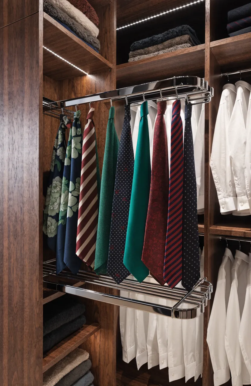 A chrome pull-out rack inside a walnut wardrobe holding neatly organized silk scarves and ties.