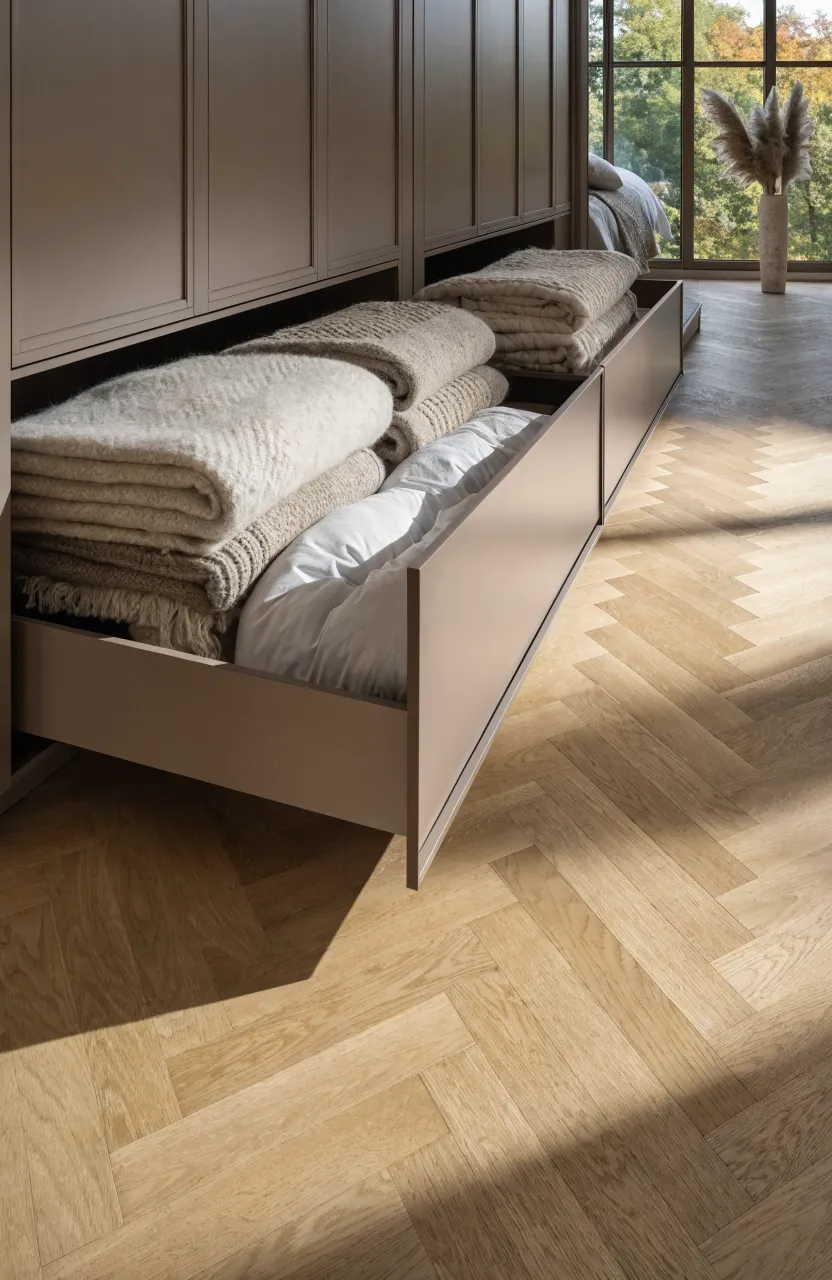 Deep taupe drawers at the base of a built-in wardrobe holding folded blankets on a wood floor.