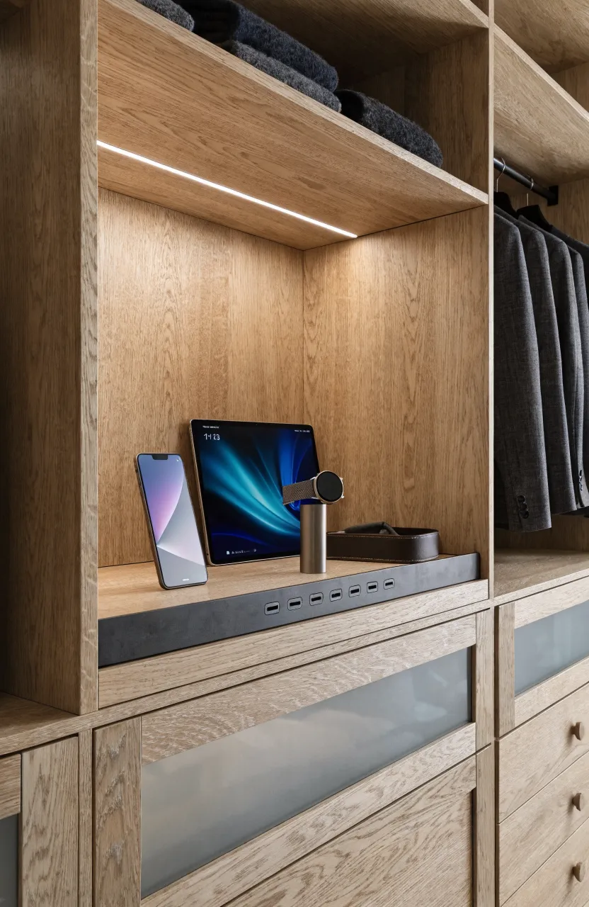 A built-in wardrobe shelf with integrated power outlets charging a phone and tablet.