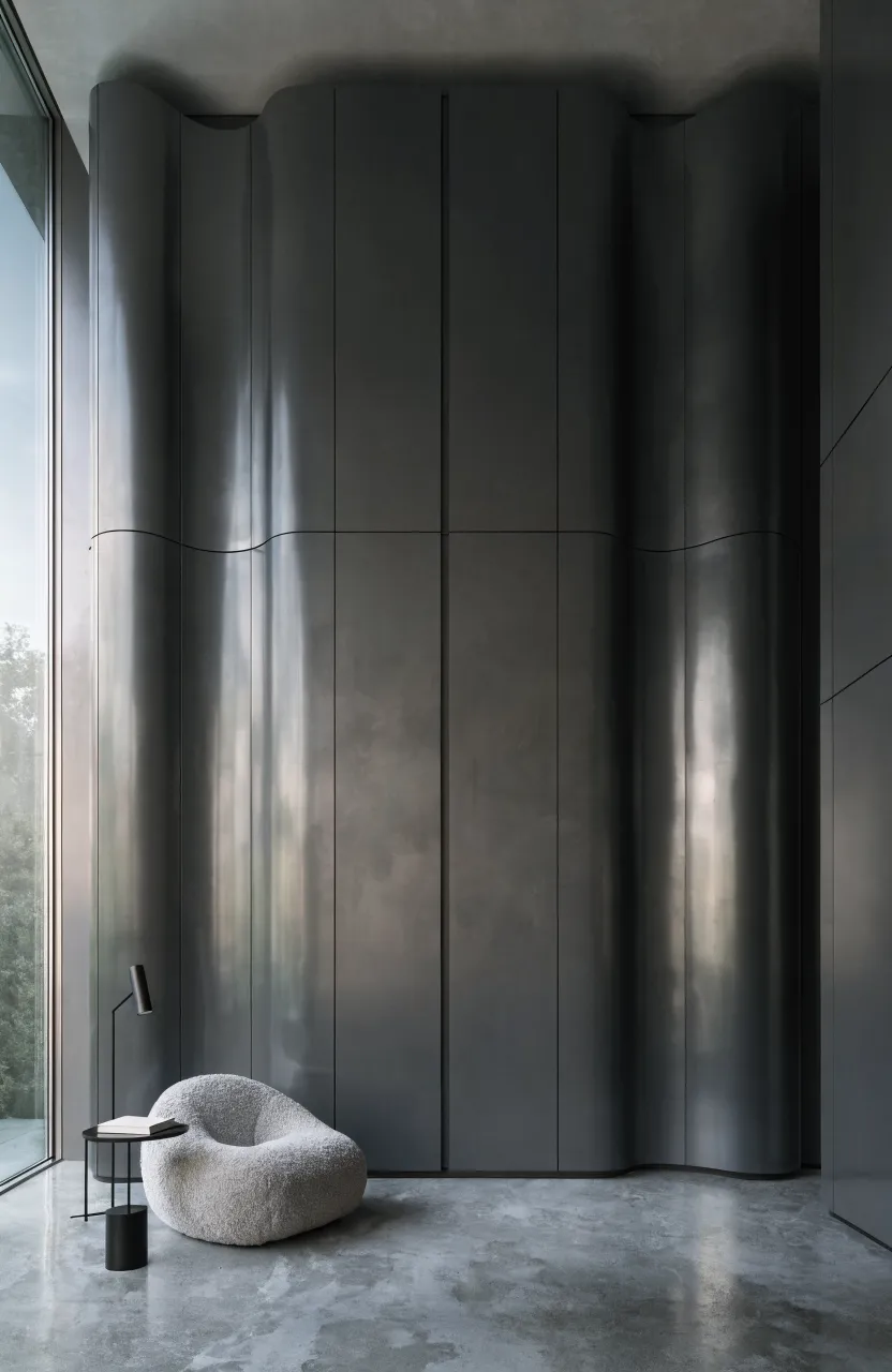 A seamless, handle-less charcoal grey built-in wardrobe covering an entire bedroom wall.