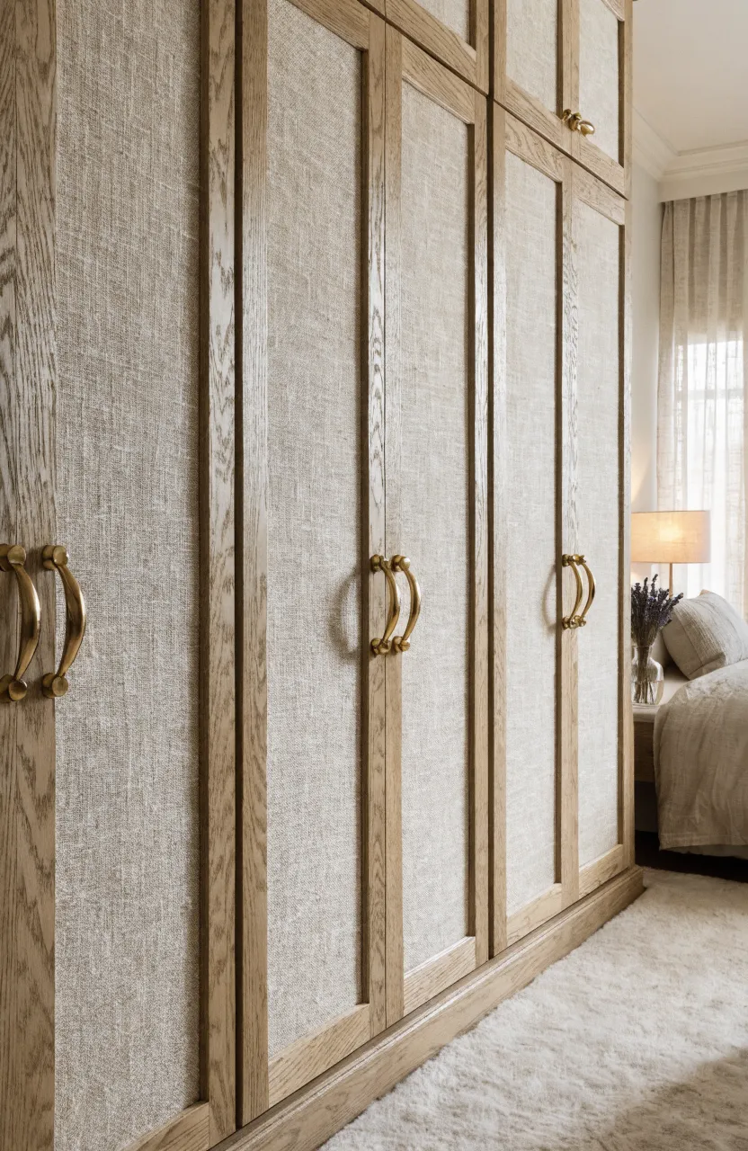 Built-in wardrobe doors with cream linen fabric panels and light oak frames.