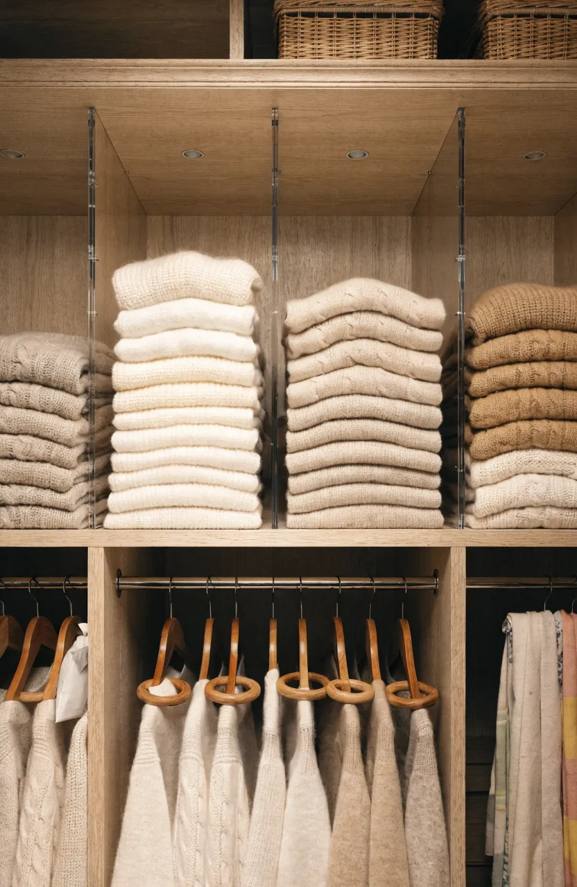 Neatly stacked sweaters separated by vertical dividers on a light wood wardrobe shelf.