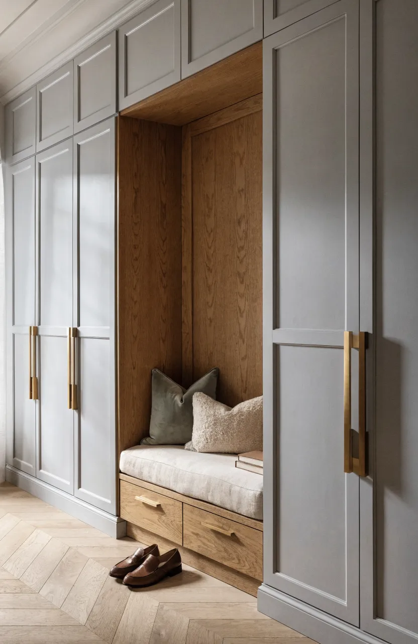 A modern built-in wardrobe with a central oak seating nook, gray cabinets, and a linen cushion.