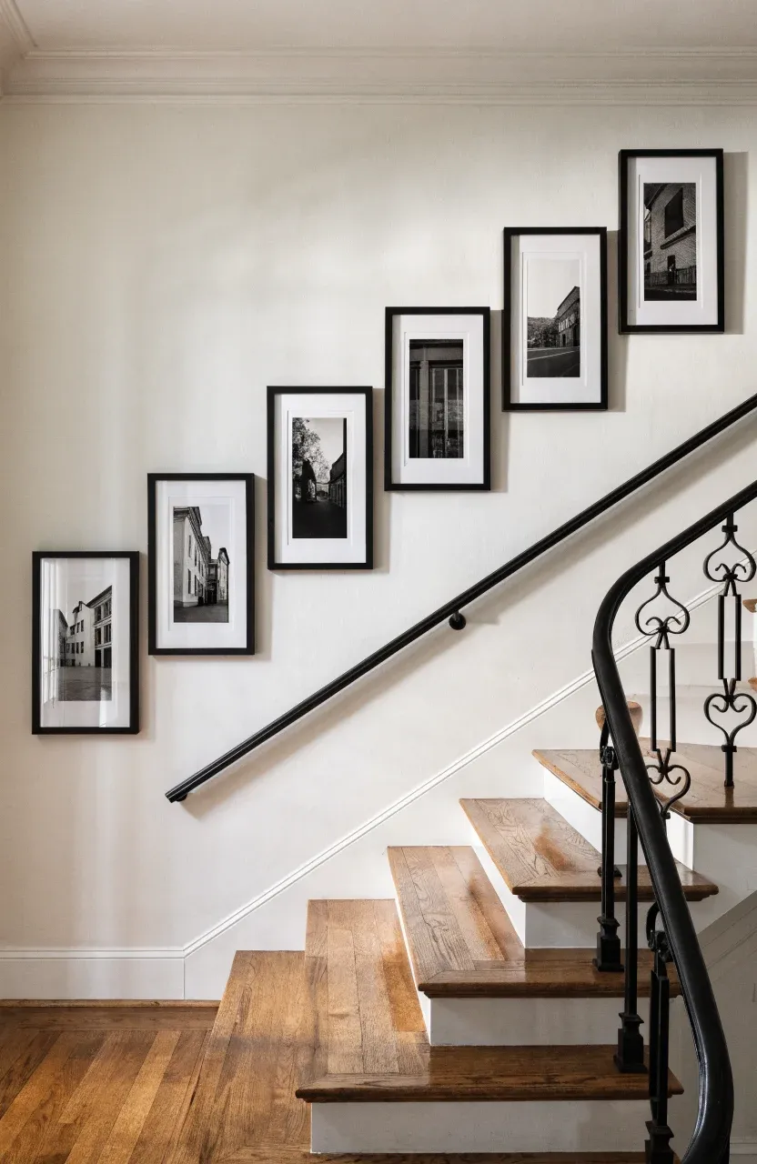 A series of identical black frames with wide white mats arranged diagonally above a wooden staircase.