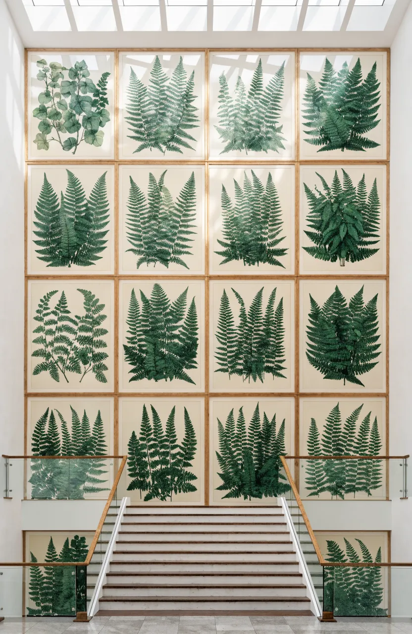 A large floor-to-ceiling grid of square botanical prints in light wood frames on a tall white wall.