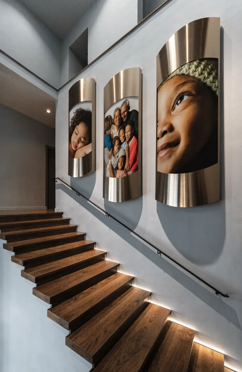 Three very large family portraits in thin gold frames spaced out along a modern gray stairwell wall.