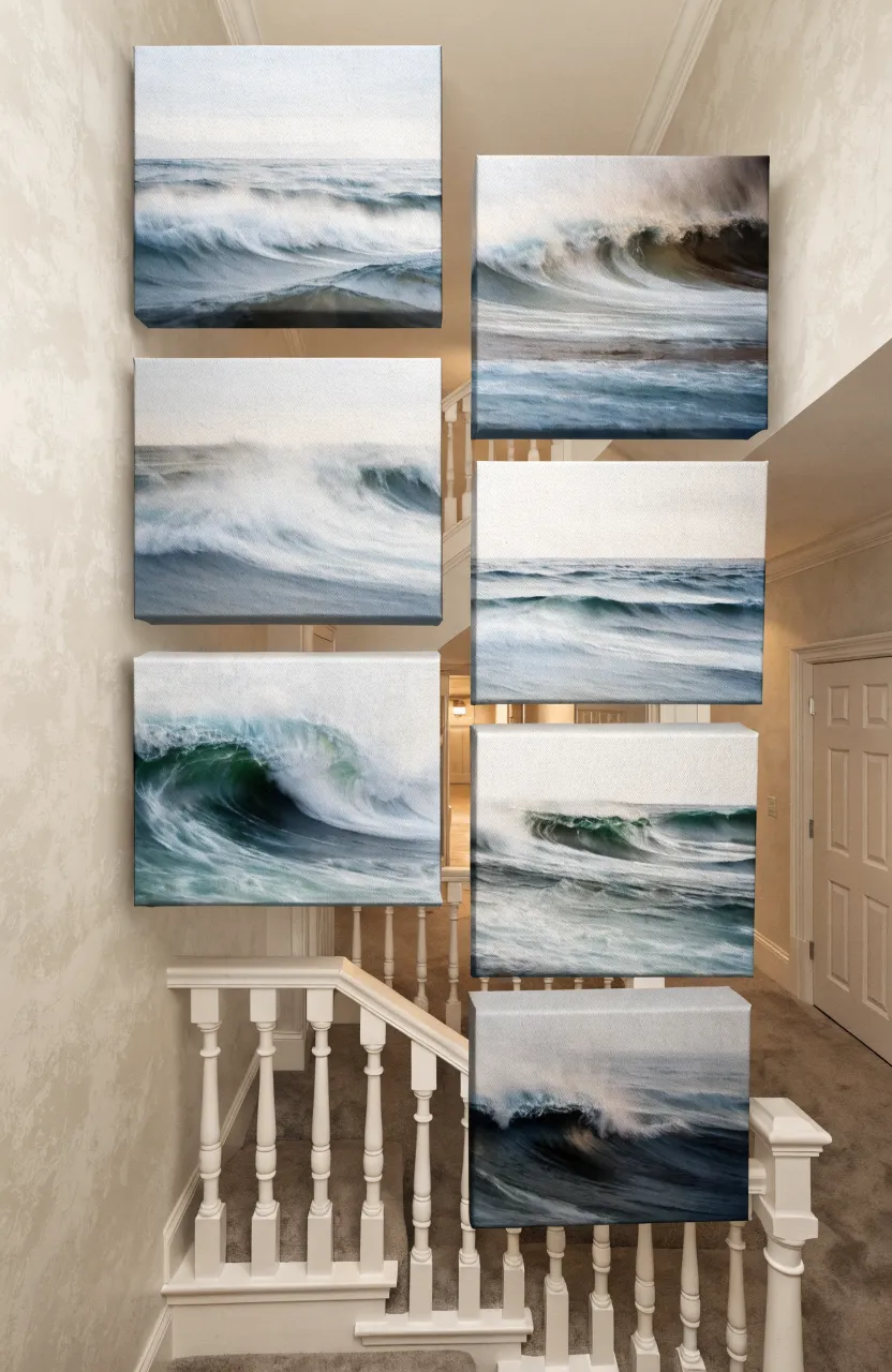 Several frameless canvas photos staggered at different heights along a bright white stairwell wall.