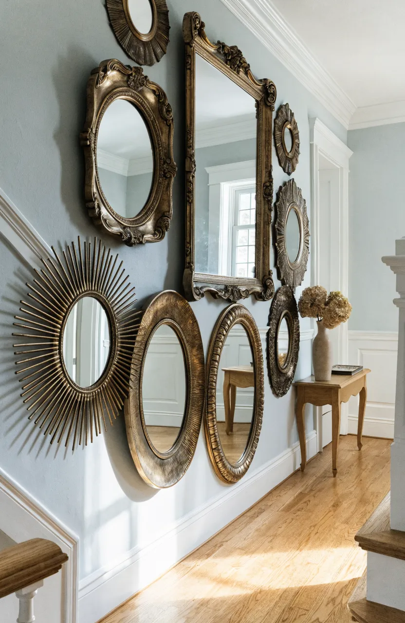 A decorative cluster of various ornate brass mirrors on a pale blue stairwell landing wall.