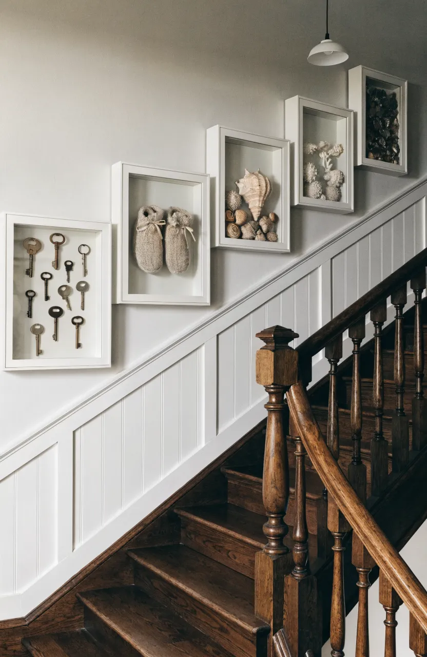 White shadow box frames containing 3D objects like keys and baby shoes on a stairwell wall.