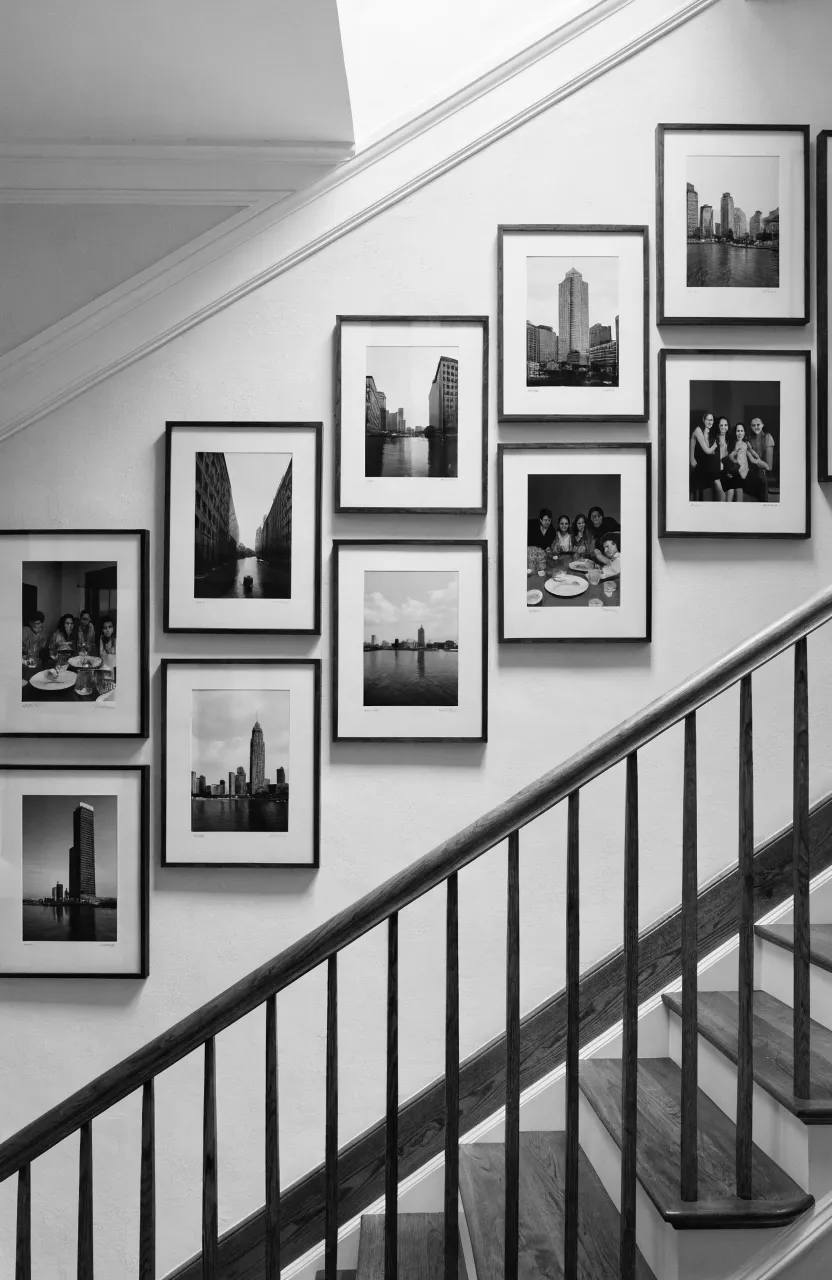 A series of black and white photos in black frames following the upward angle of a staircase.