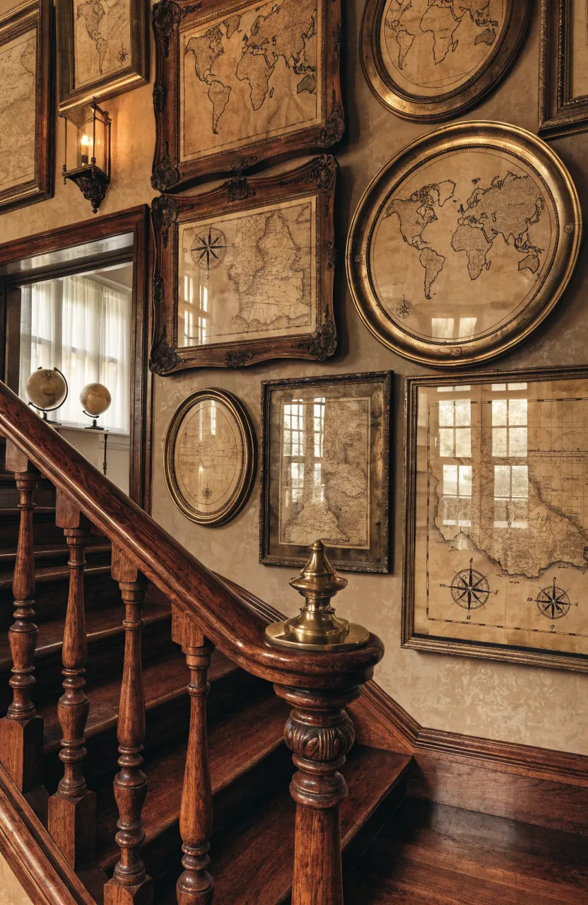 A collection of vintage sepia maps in dark wood frames hanging on a stairwell wall.