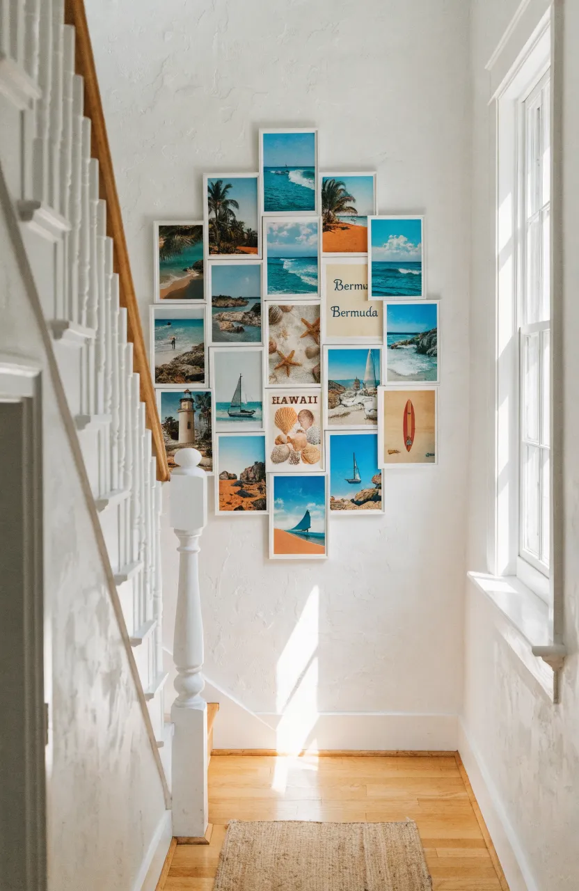 A tight cluster of small white-framed postcards on a bright white stair landing wall.