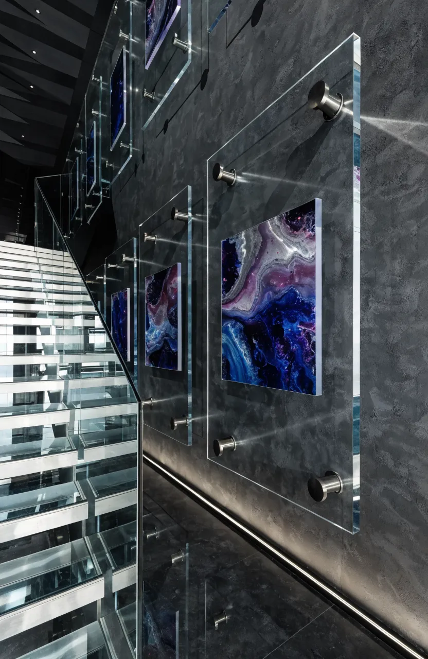 Modern floating acrylic frames with silver hardware on a dark grey stairwell wall.