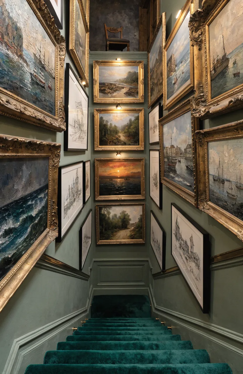 A mix of ornate gold-framed oil paintings and simple modern sketches on a green stairwell wall.
