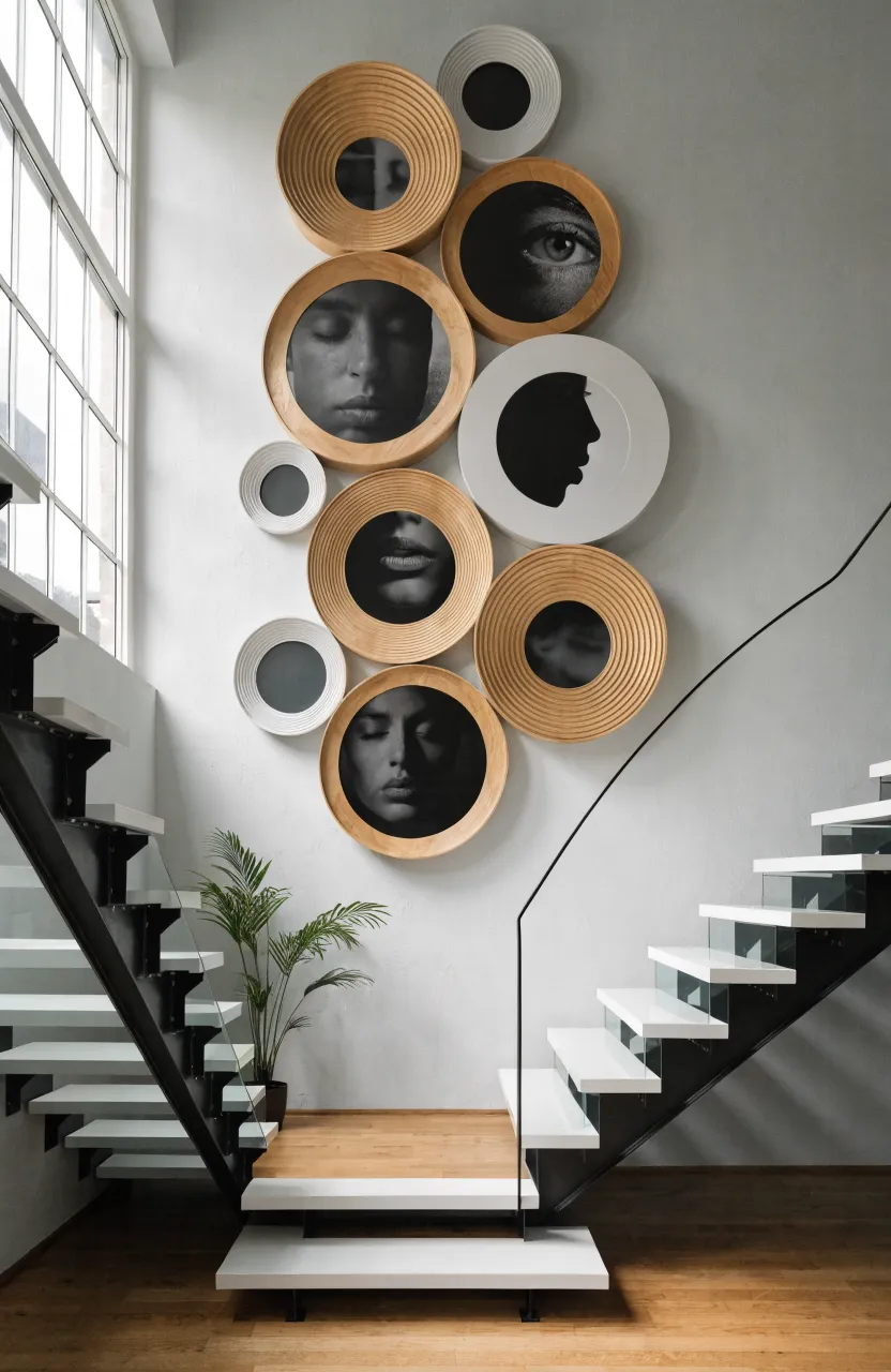 Round wooden frames with portraits arranged on a wall above a modern angular staircase.