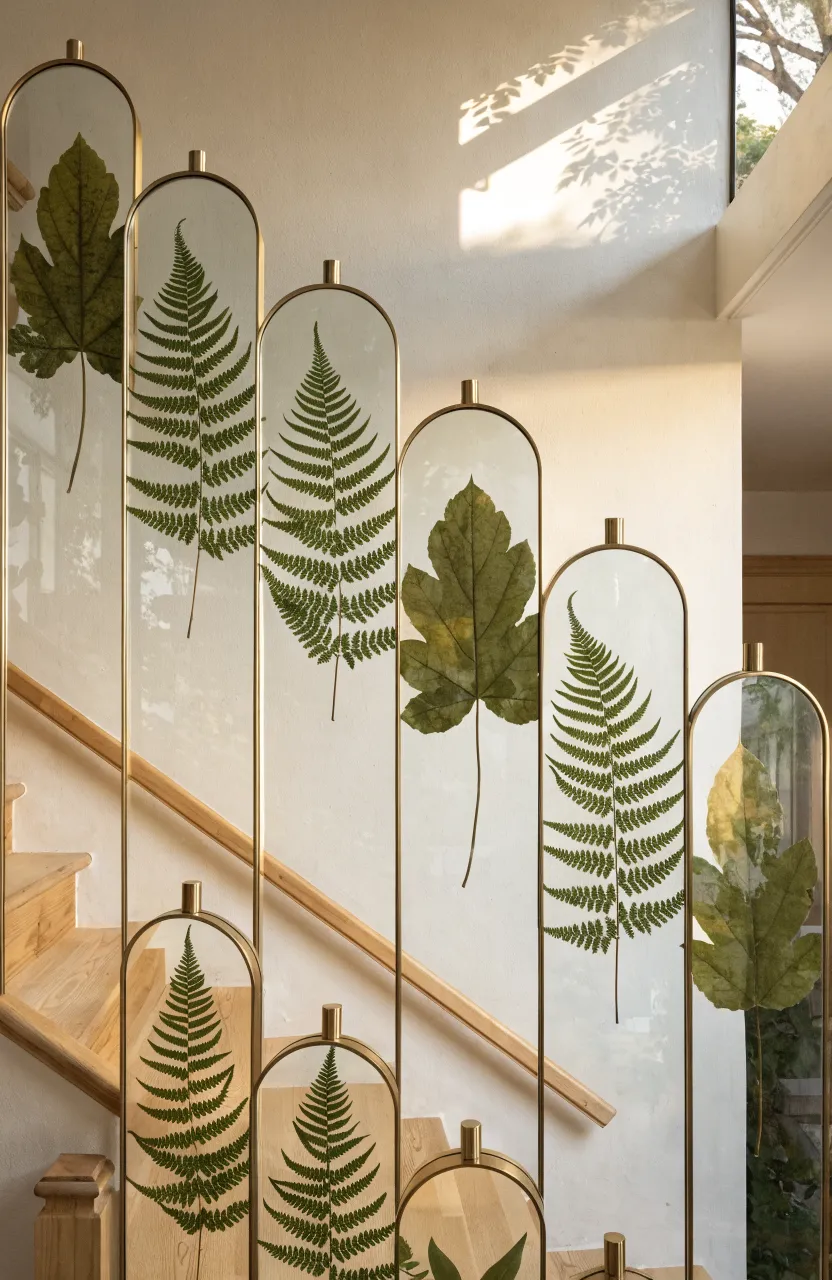 Pressed green ferns in transparent brass frames hanging on a cream stairwell wall.