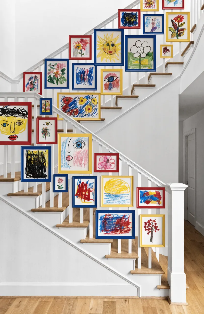 A staircase wall decorated with children's art in bright red, blue, and yellow frames.