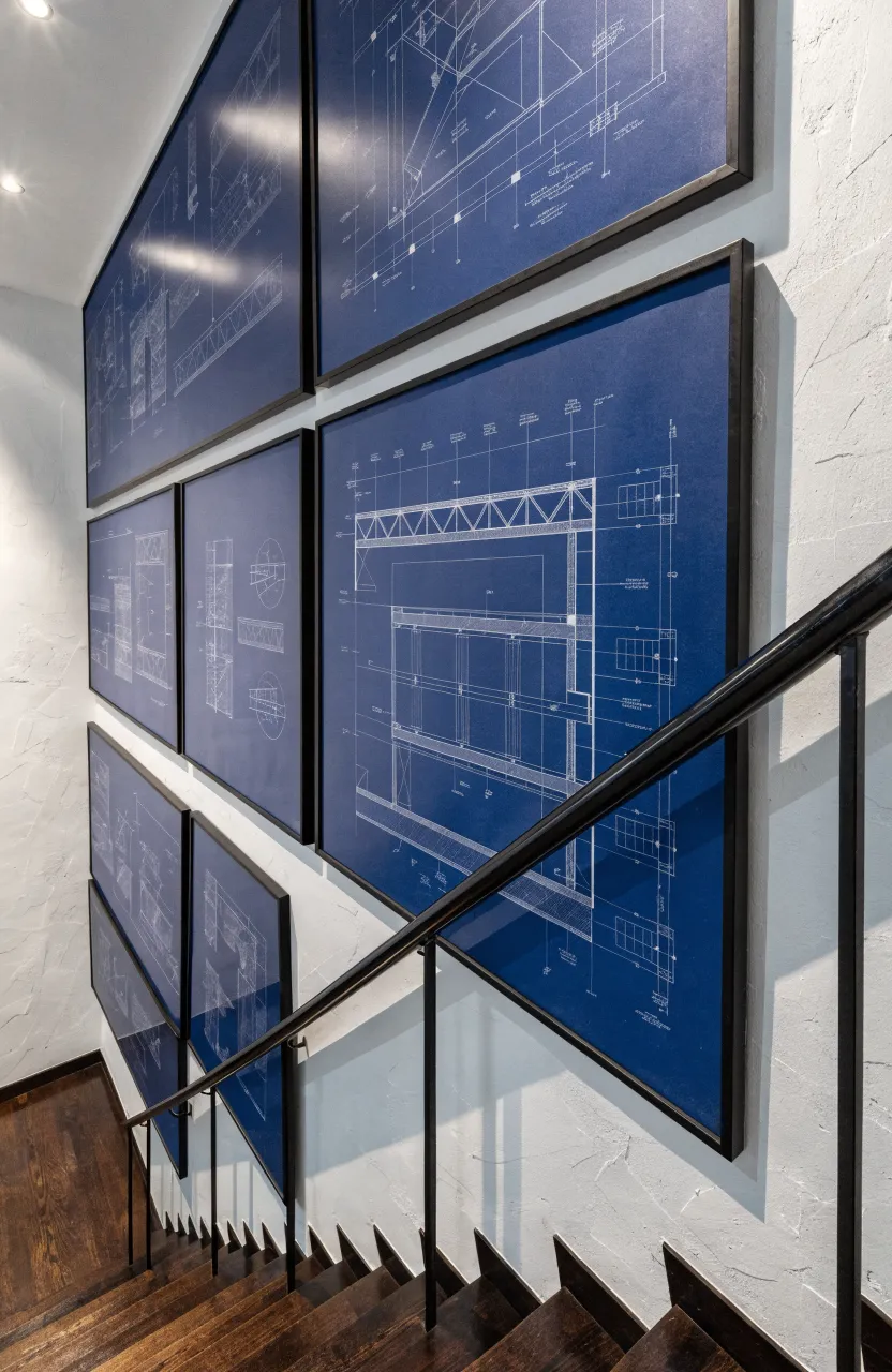 Large blue architectural blueprints in black frames hanging on a narrow white stairway wall.