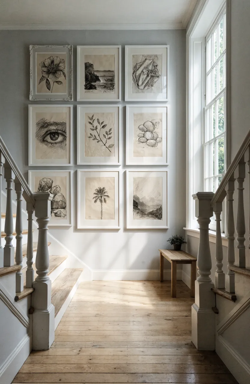 A grid of black and white sketches in white frames on a sunlit stair landing wall.