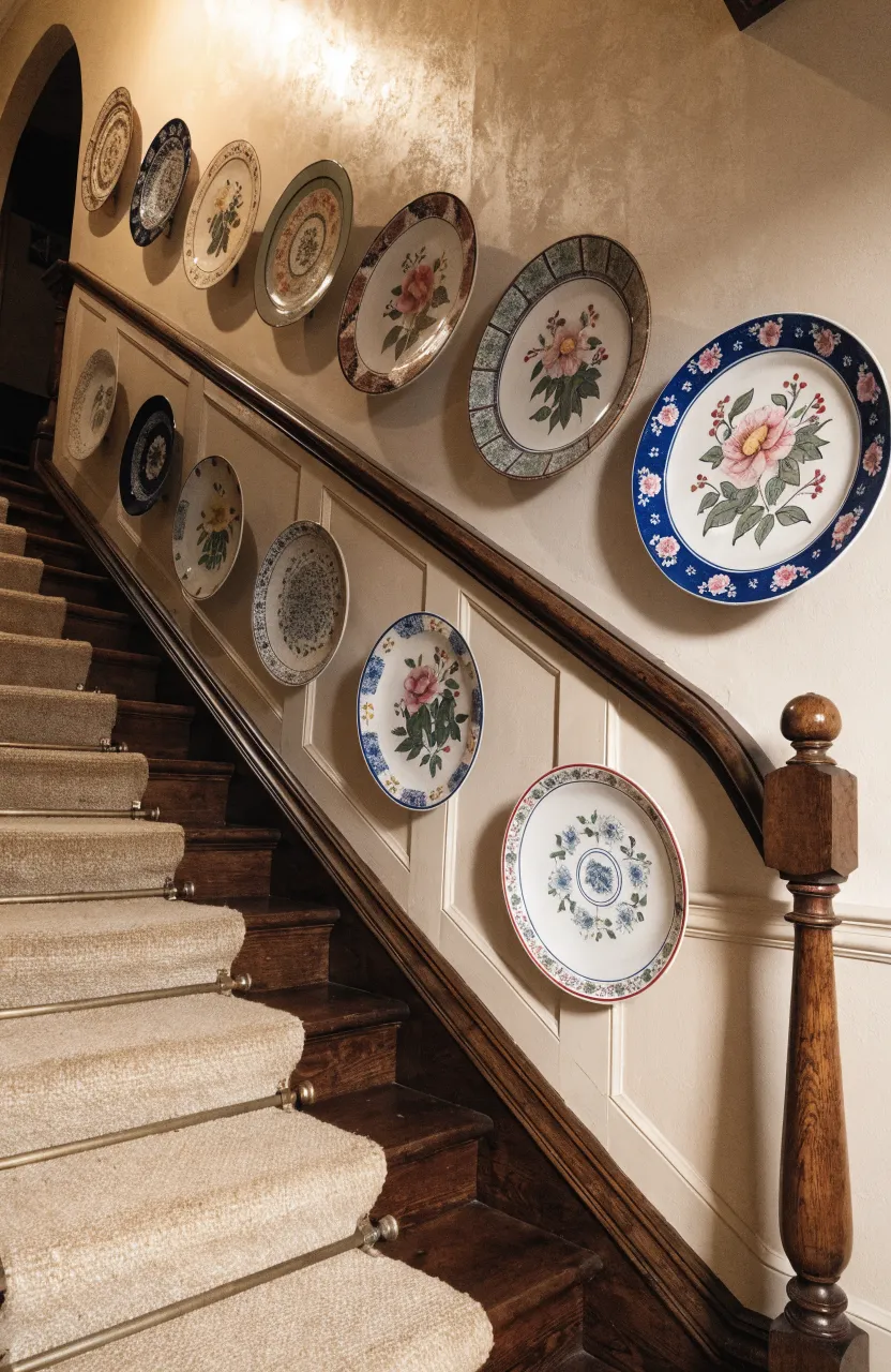 A collection of patterned ceramic plates arranged in a curving line up a traditional staircase wall.