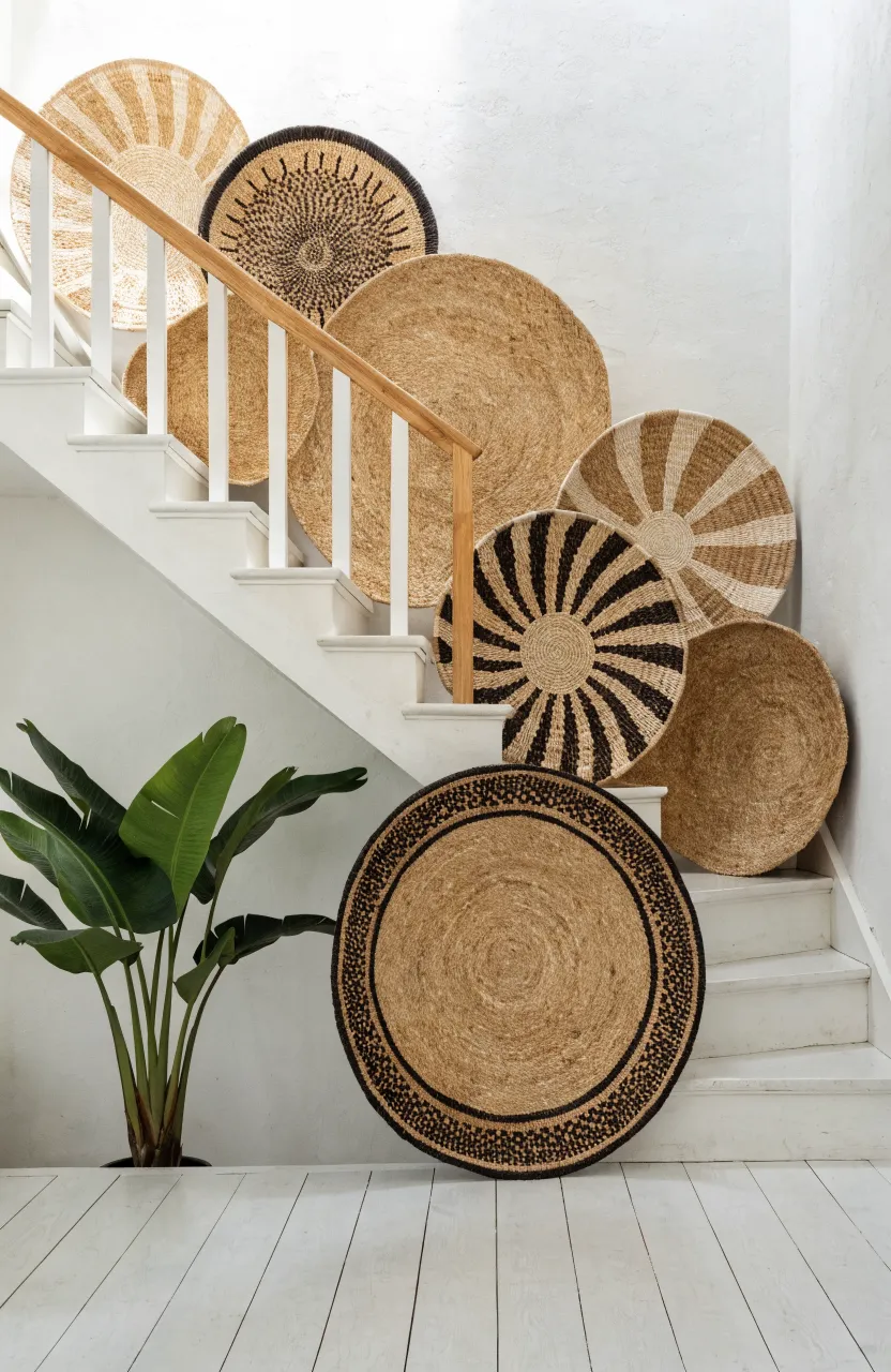 A group of textured woven baskets in natural brown and tan colors arranged on a white staircase wall.