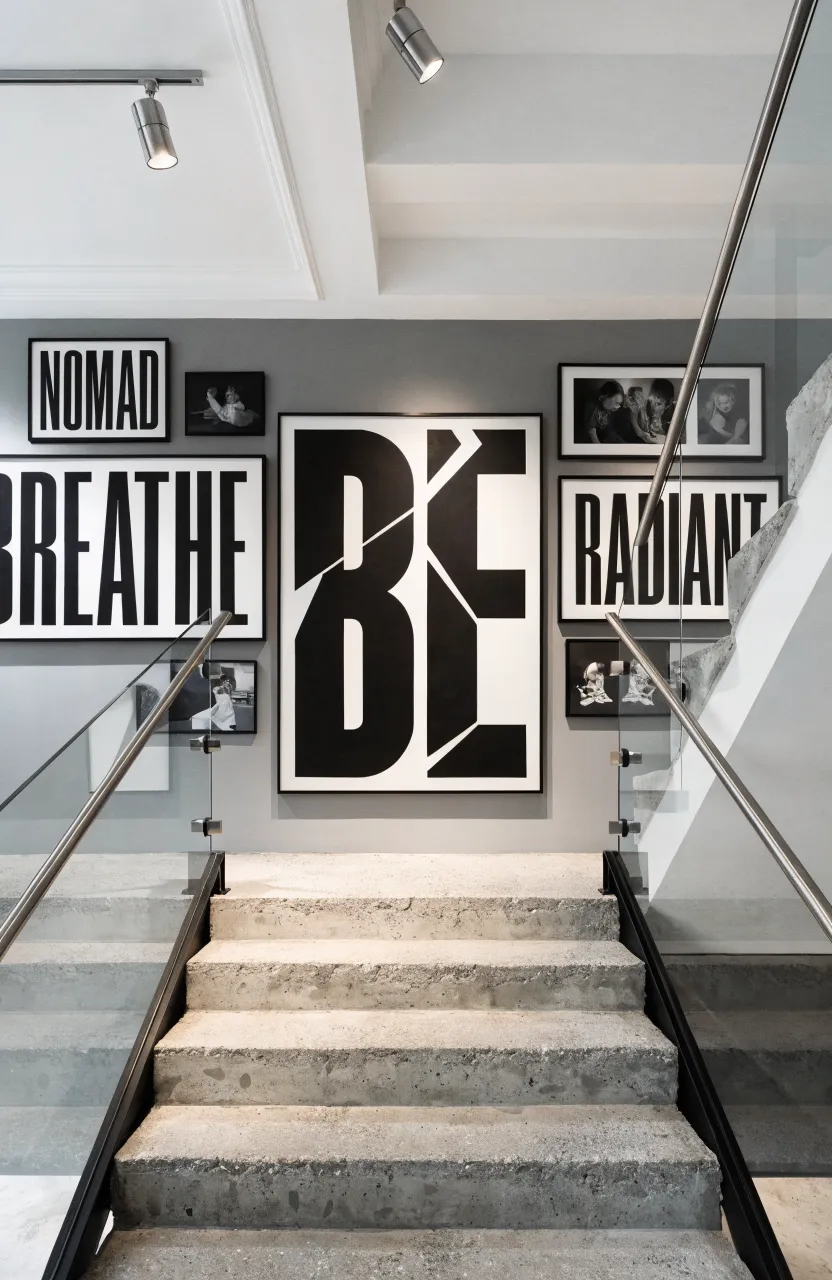 Bold black and white typography art and large letters framed on a modern grey staircase wall.