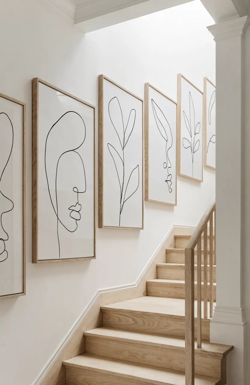 Thin oak frames with simple black line drawings on a bright white staircase wall.