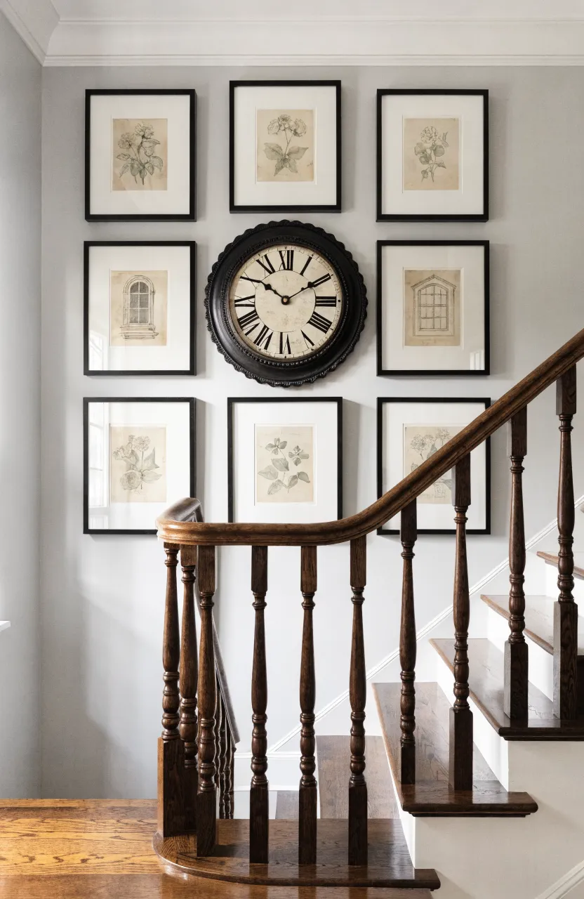 A large central wall clock surrounded by a grid of smaller framed art pieces above a wooden staircase.