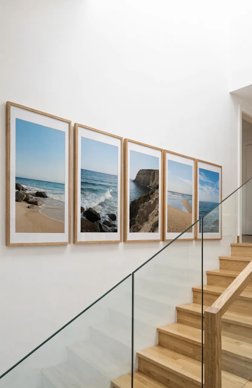 A diagonal row of five identical oak-framed landscape photos following the slope of a modern staircase.