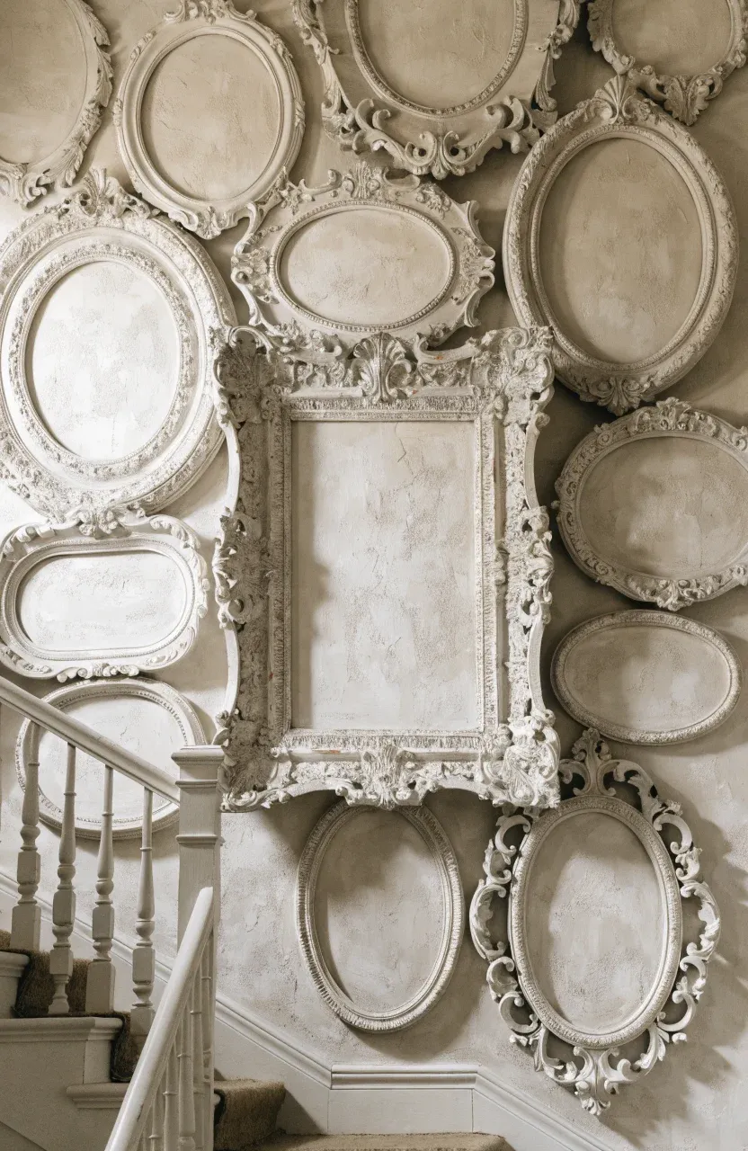A cluster of overlapping empty vintage frames painted creamy white on a matching white stairwell wall.